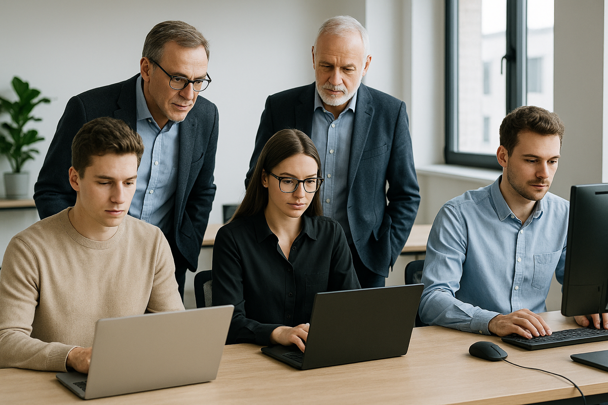 Mentorzy i kursanci w biurze — wspólna praca nad stronami